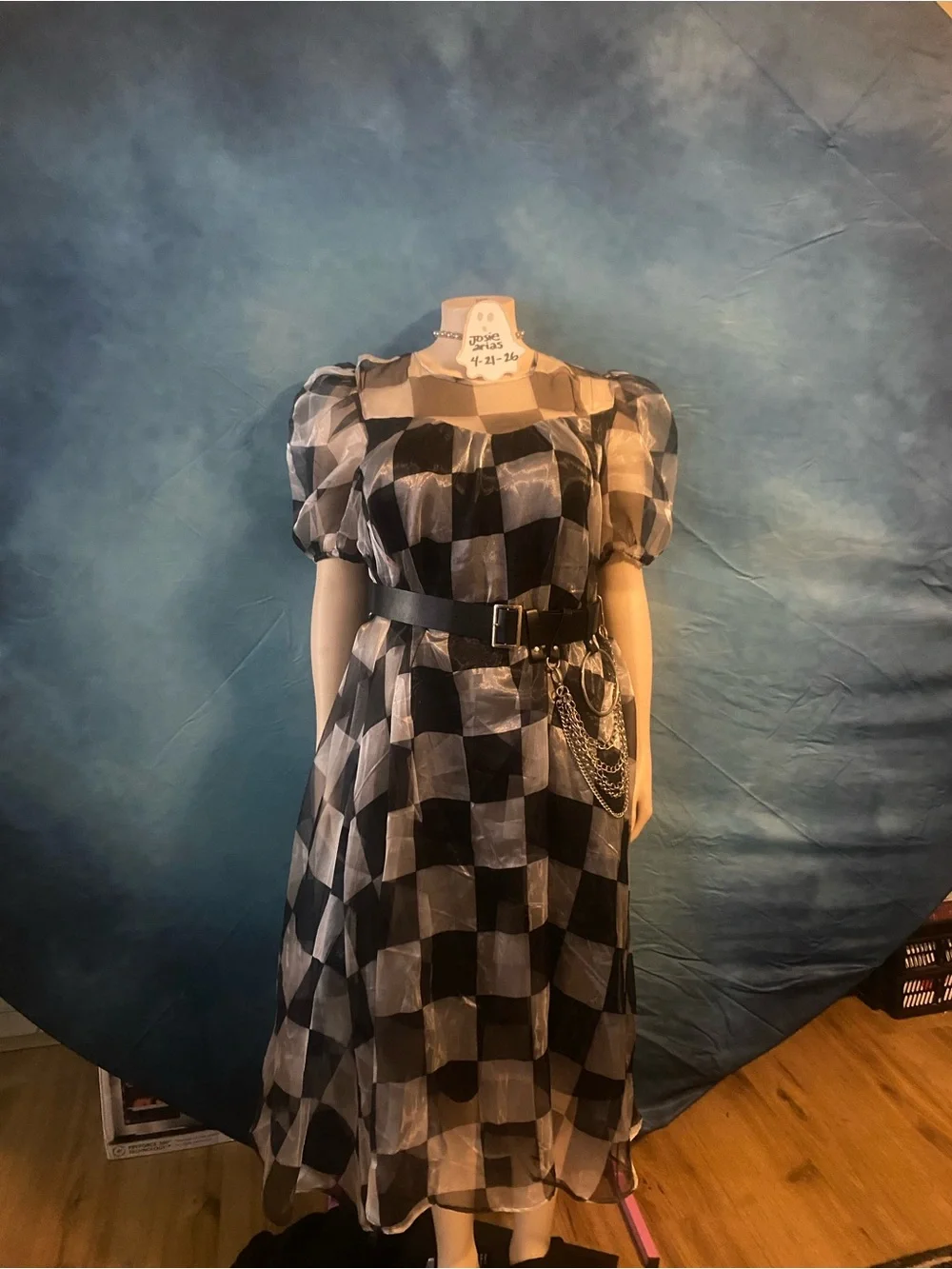 Dressed in LALA Checkerboard Puff-Sleeve Dress in Black and white - Picture 1 of 3